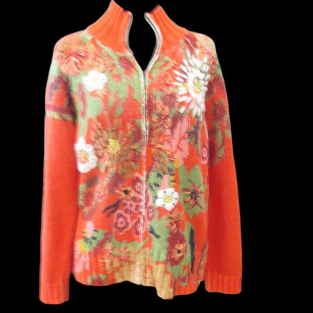 Vintage Coldwater Creek Embroidered Zip Up Sweater Mock Neck Boho Orange M EUC